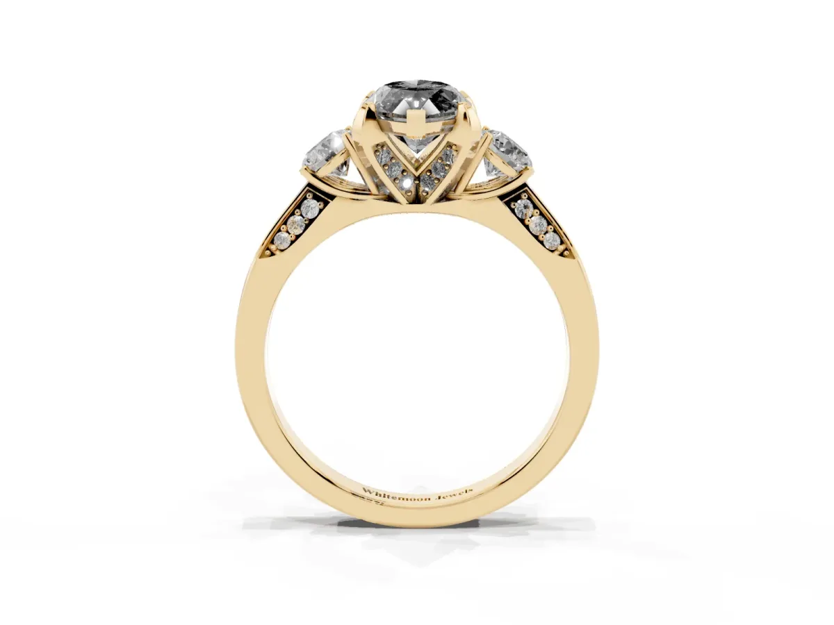 Fancy Black Marquise Cut Brilliant Three-Stone Diamond Ring with Pavé Band and Four-Prong Setting Yellow gold