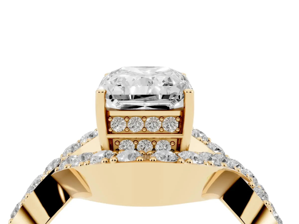 Radiant Cut Solitaire Twist Band Pavé Diamond Engagement Ring Yellow gold
