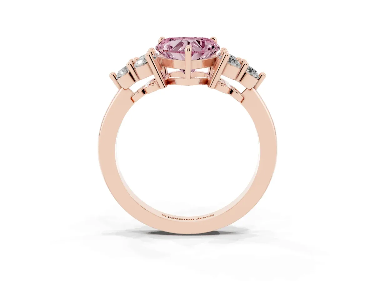 Fancy Pink Heart Cut Brilliant Diamond Cluster Accent Solitaire Ring with Prong Setting Rose gold