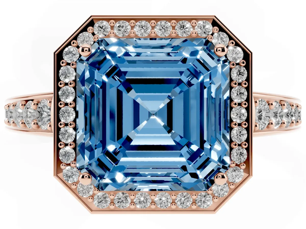 Fancy Blue Asscher Cut Halo Pavé Diamond Engagement Ring with Bezel Setting Rose gold