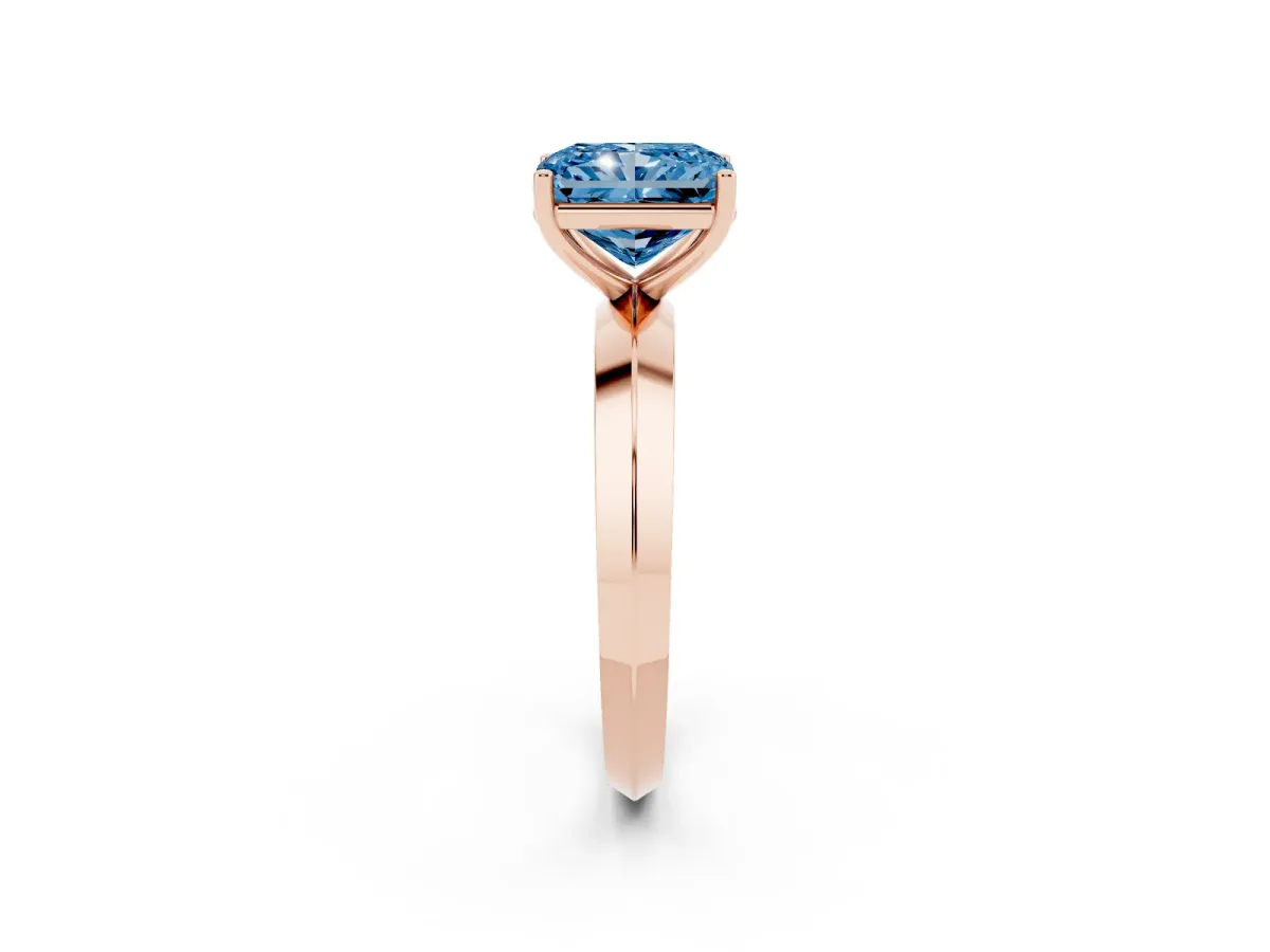 Fancy Blue Radiant Cut Cut Solitaire Engagement Ring with Flat Band and Four-Prong Setting Rose gold