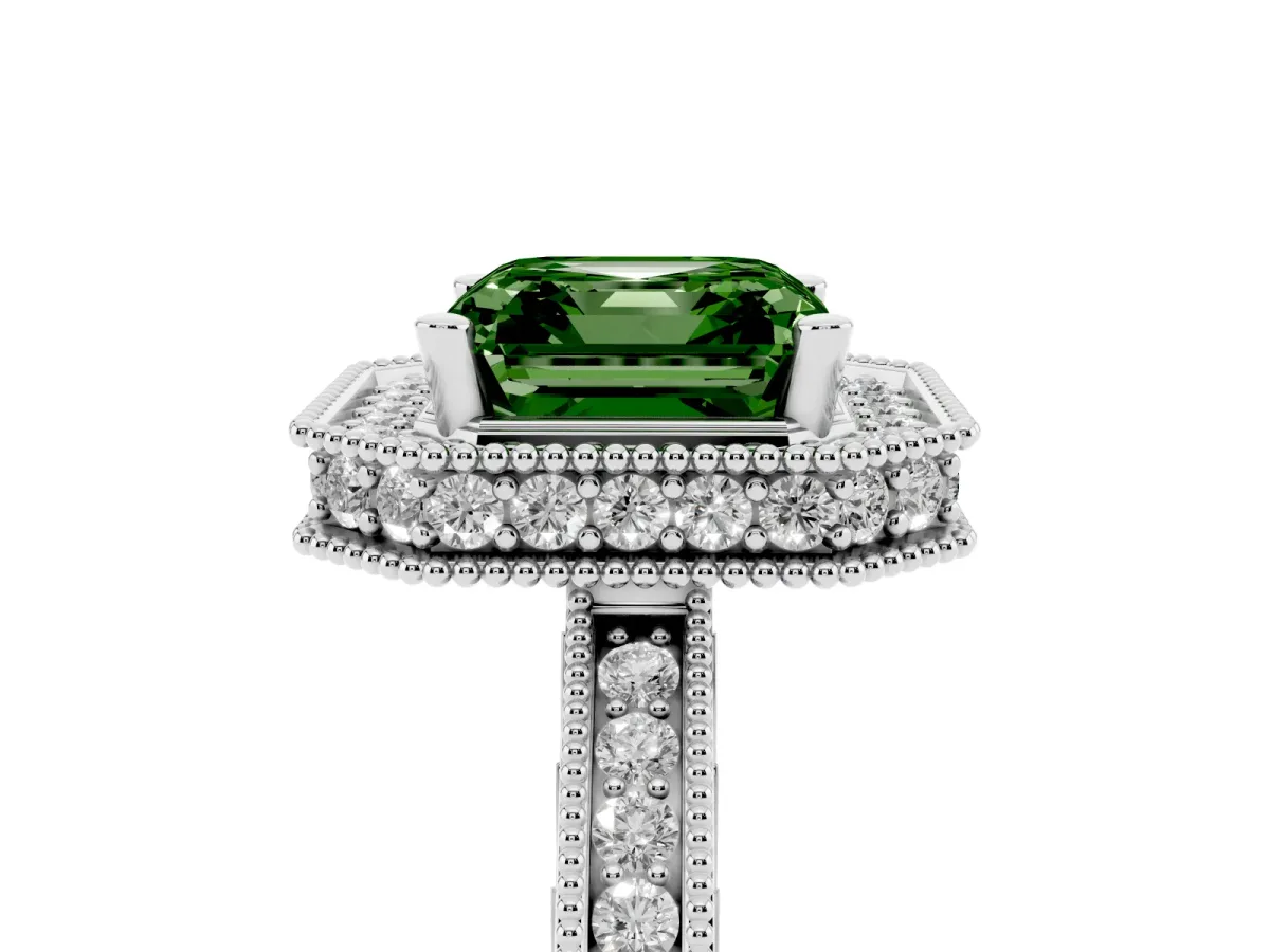 Fancy Green Asscher Cut Diamond Milgrain Halo Engagement Ring with Round Pavé Band and Prong Setting Platinum