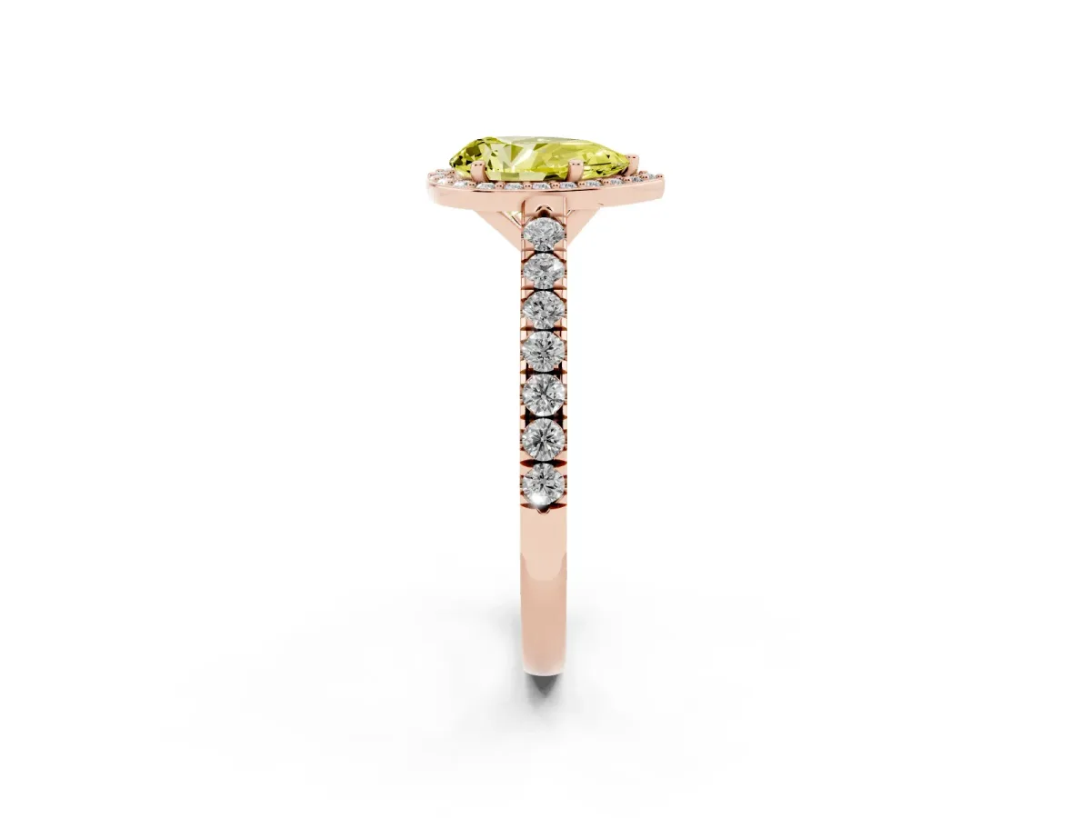 Fancy Yellow Pear Cut Cut Halo Diamond Engagement Ring with Pave Band and Four-Prong Setting Rose gold