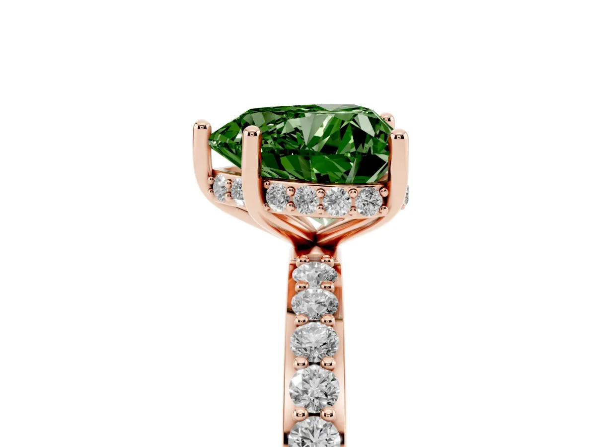 Fancy Green Heart Cut Diamond Solitaire Ring with Pavé Band and Hidden Halo Rose gold