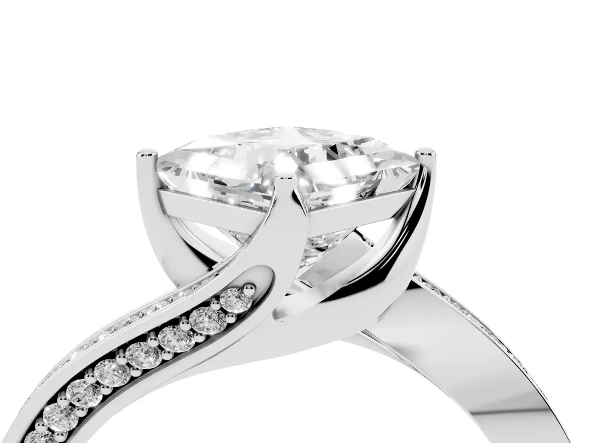 Princess Cut Solitaire Diamond Twist Band with Pavé Setting and Four-Prong Setting Silver