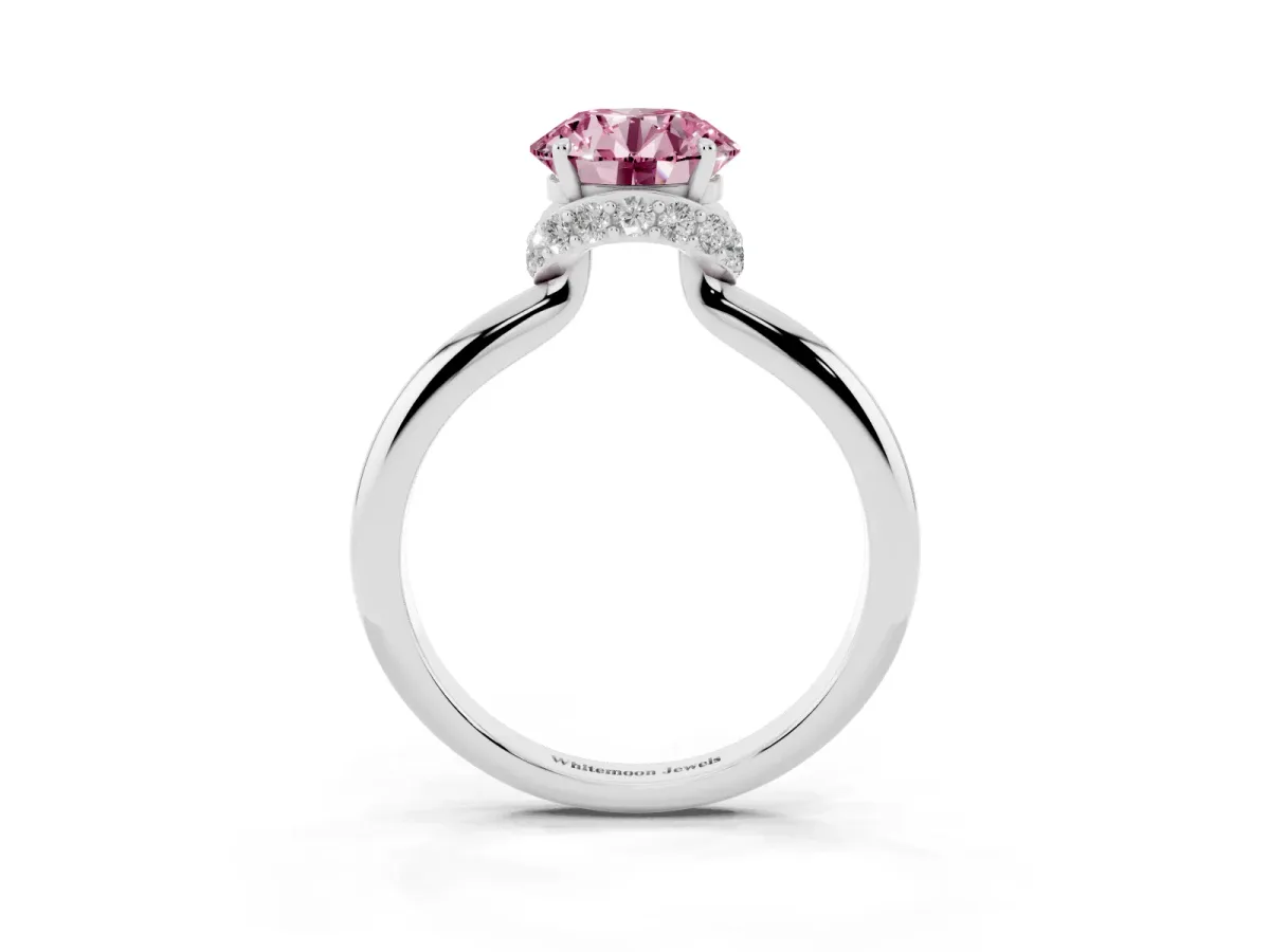 Fancy Pink Round Cut Brilliant Solitaire Engagement Ring with Six-Prong Setting and Classic Band White gold