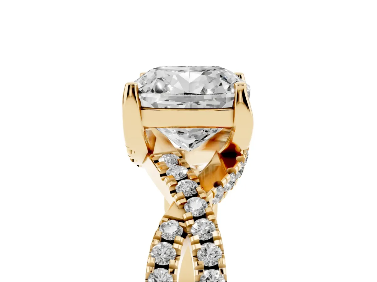 Cushion Cut Solitaire Twist Pave Diamond Engagement Ring with Prong Setting Yellow gold