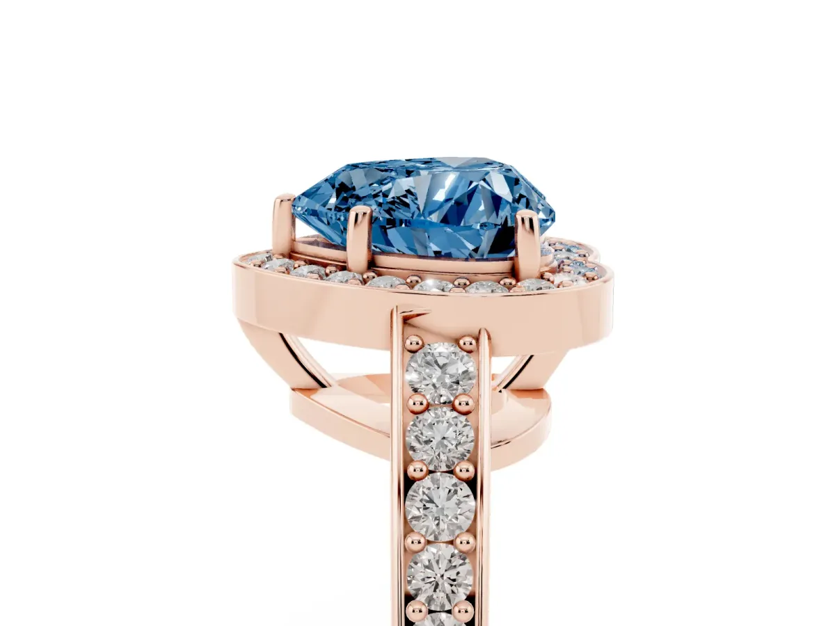 Fancy Blue Heart Cut Halo Pavé Diamond Engagement Ring with Bezel Setting Rose gold