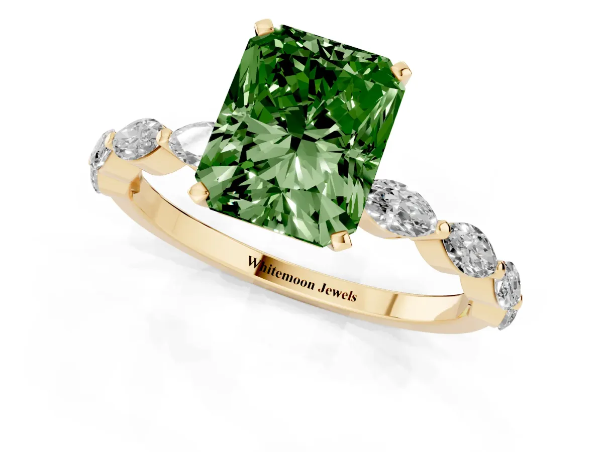 Fancy Green Radiant Cut Diamond Ring with Marquise Side Stones and Prong Setting Yellow gold