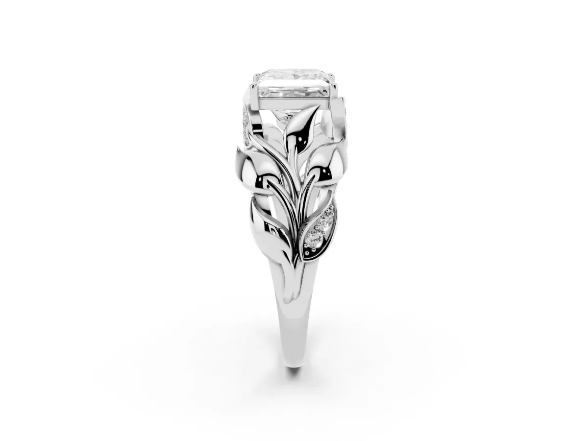 Princess Cut Diamond Leaf-Inspired Engagement Ring with Round Accents and Prong Setting Silver
