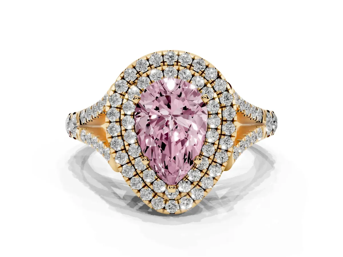Fancy Pink Double Halo Pear Cut Diamond Split Shank Engagement Ring with Four-Prong Setting Yellow gold