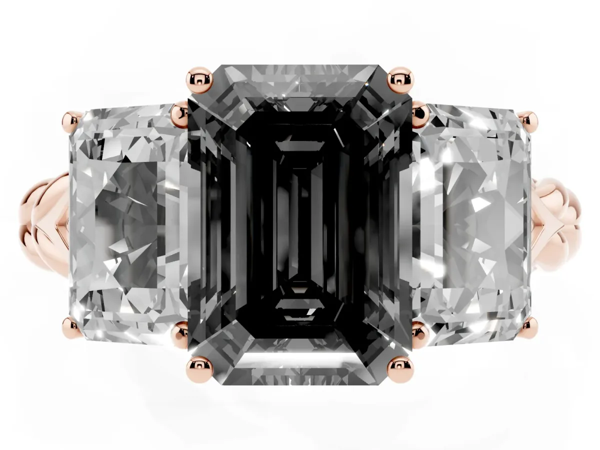 Fancy Black Three-Stone Radiant Cut Diamond Braided Band Ring with Four-Prong Setting Rose gold