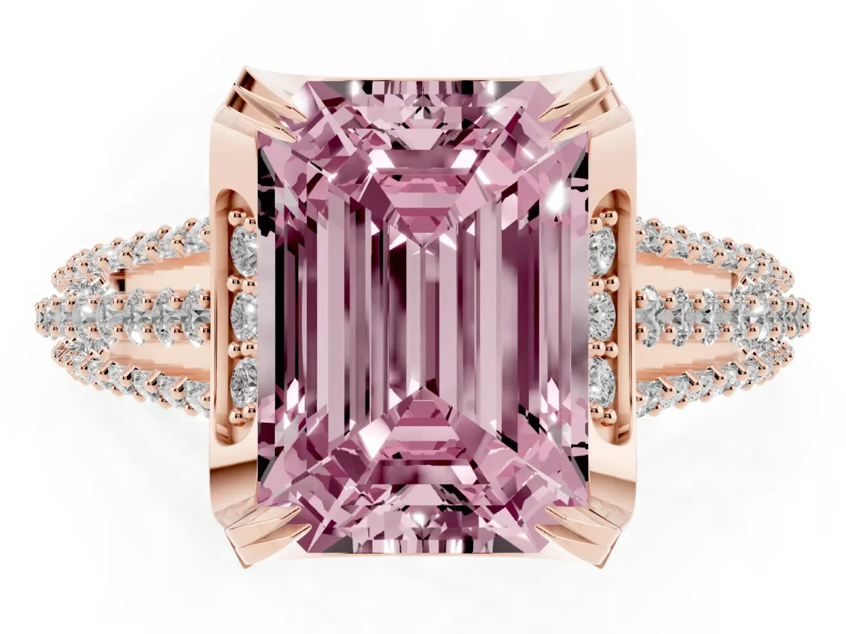 Fancy Pink Emerald Cut Solitaire Pave Split Shank Ring with Four-Prong Setting Rose gold