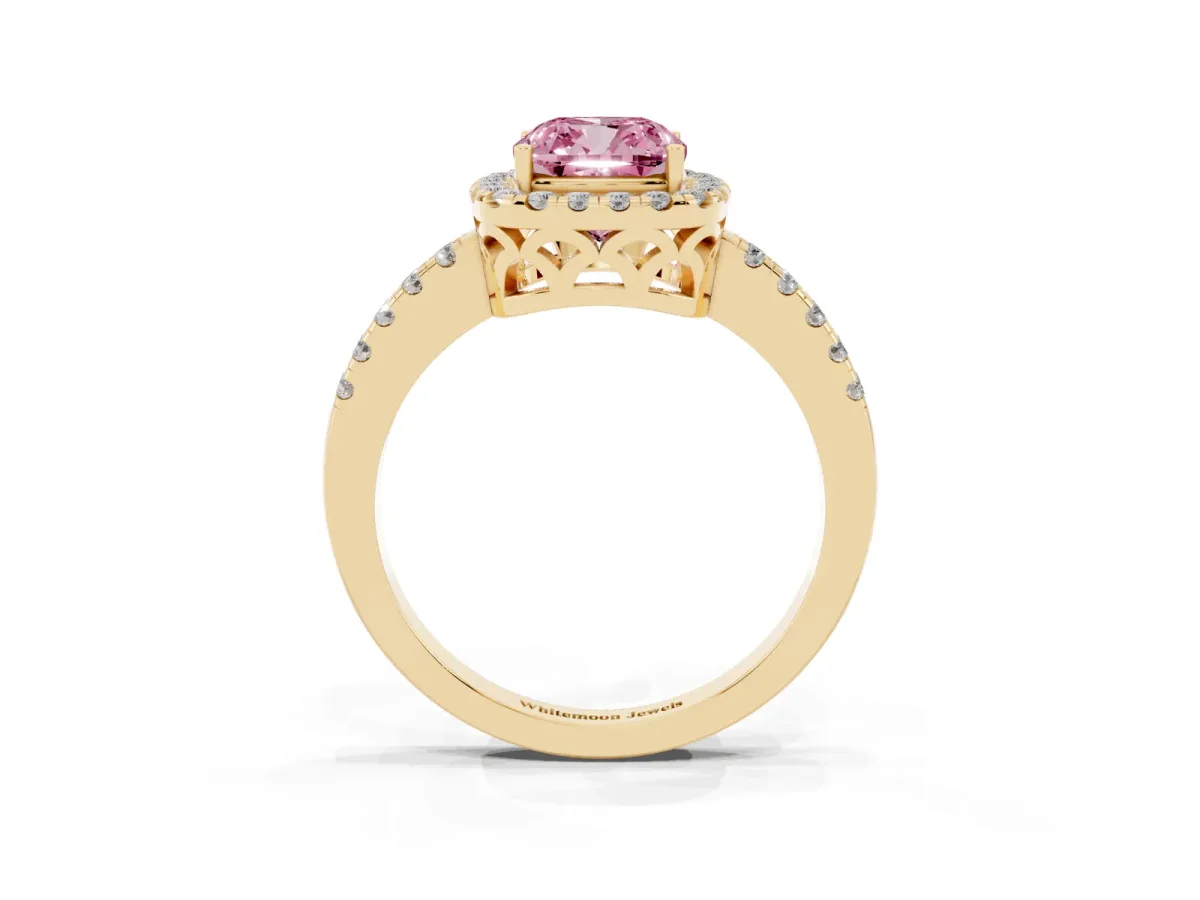 Fancy Pink Cushion Cut Halo Diamond Engagement Ring with Pavé Band and Four-Prong Setting Yellow gold