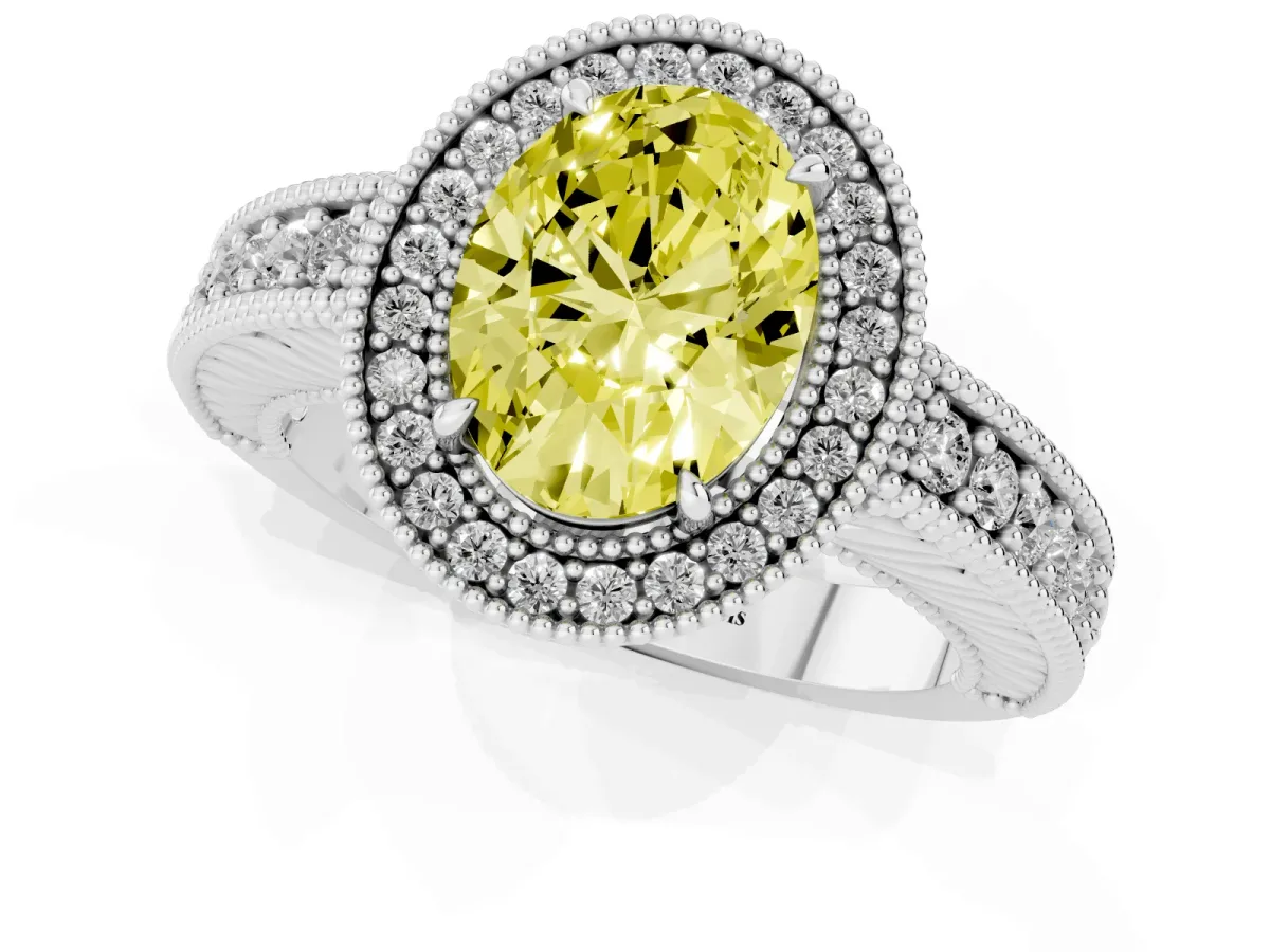 Fancy Yellow Oval Cut Cut Halo Diamond Ring with Pavé Band and Four-Prong Setting White gold