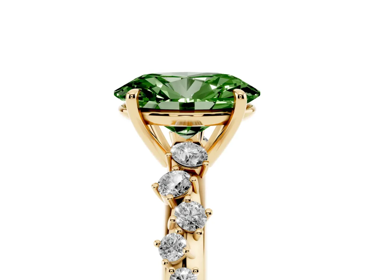 Fancy Green Oval Cut Diamond Cluster Side Stone Solitaire Ring with Prong Setting Yellow gold