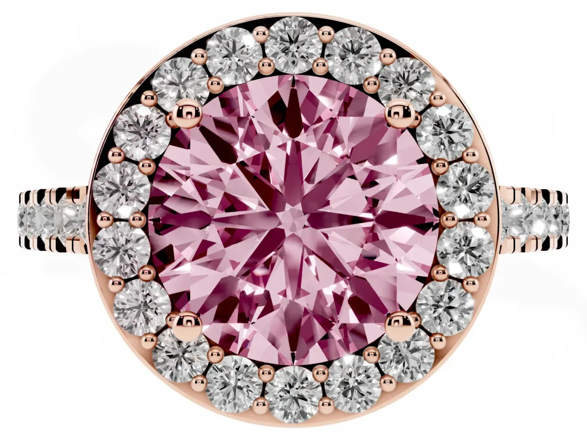 Fancy Pink Round Cut Diamond Halo Ring with Round Pavé Split Shank and Prong Setting Rose gold