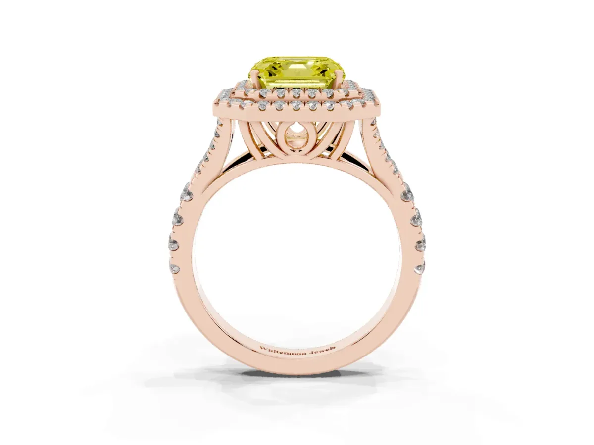 Fancy Yellow Asscher Cut Diamond Pavé Split Shank Double Halo Engagement Ring Rose gold