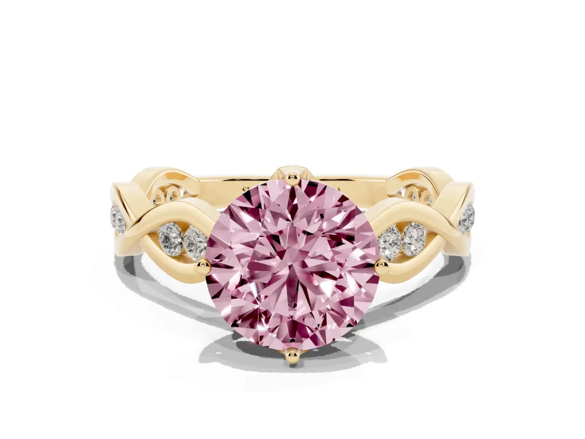 Fancy Pink Round Cut Solitaire Twist Band with Leaf Prong Setting Yellow gold