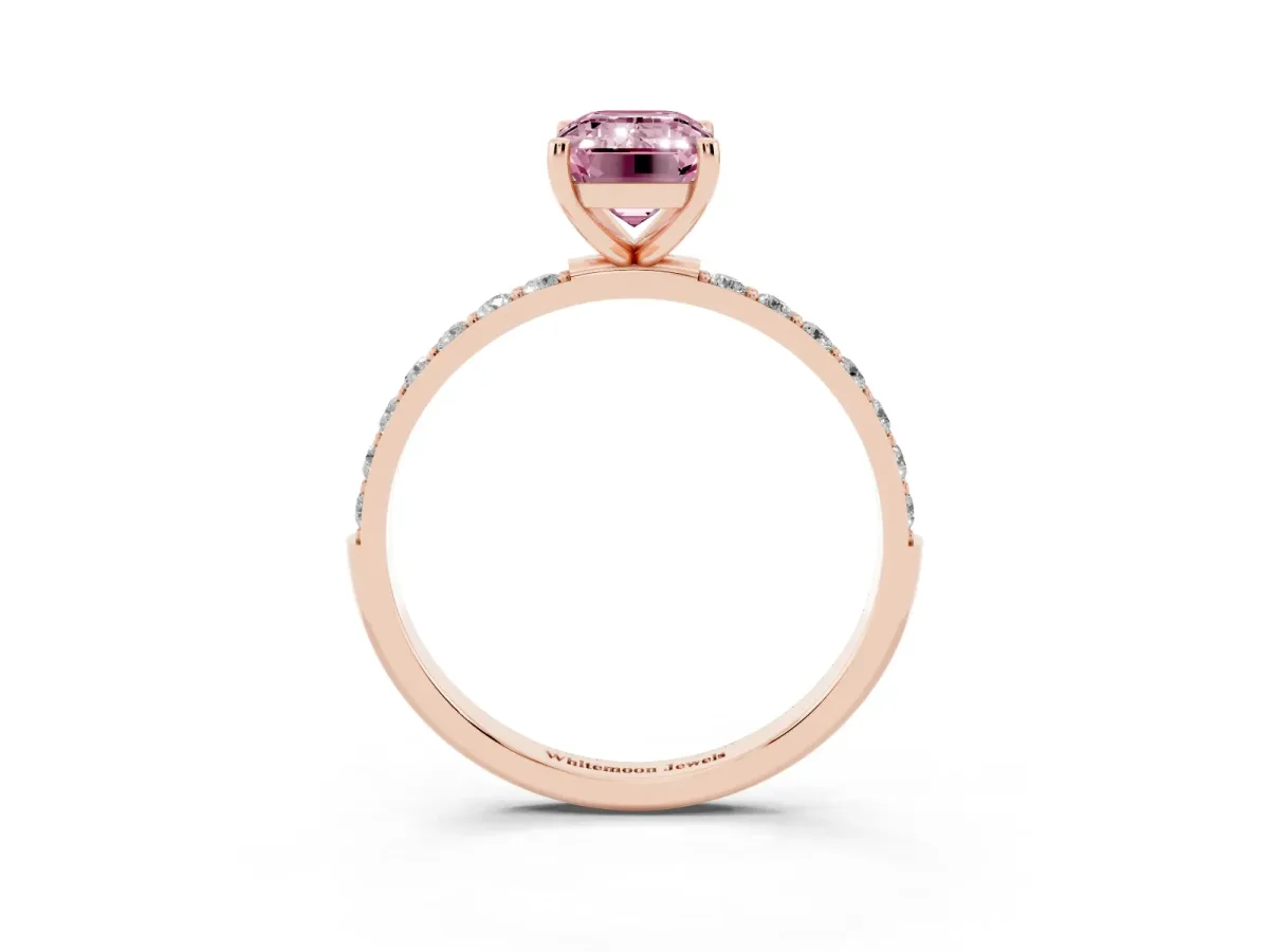 Fancy Pink Emerald Cut Diamond Solitaire Ring with Round Pavé Shoulders and Prong Setting Rose gold