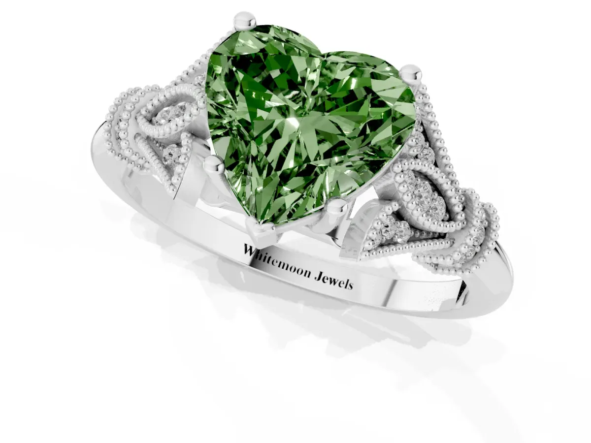 Fancy Green Heart Cut Diamond Solitaire Ring with Floral Filigree and Pave Accents Silver
