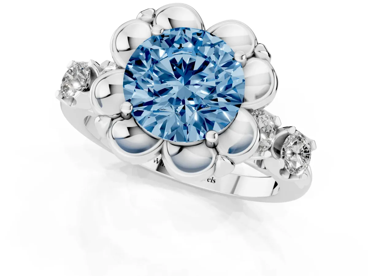 Fancy Blue Round Cut Cut Diamond Floral Halo Engagement Ring with Shared Prong Setting Silver