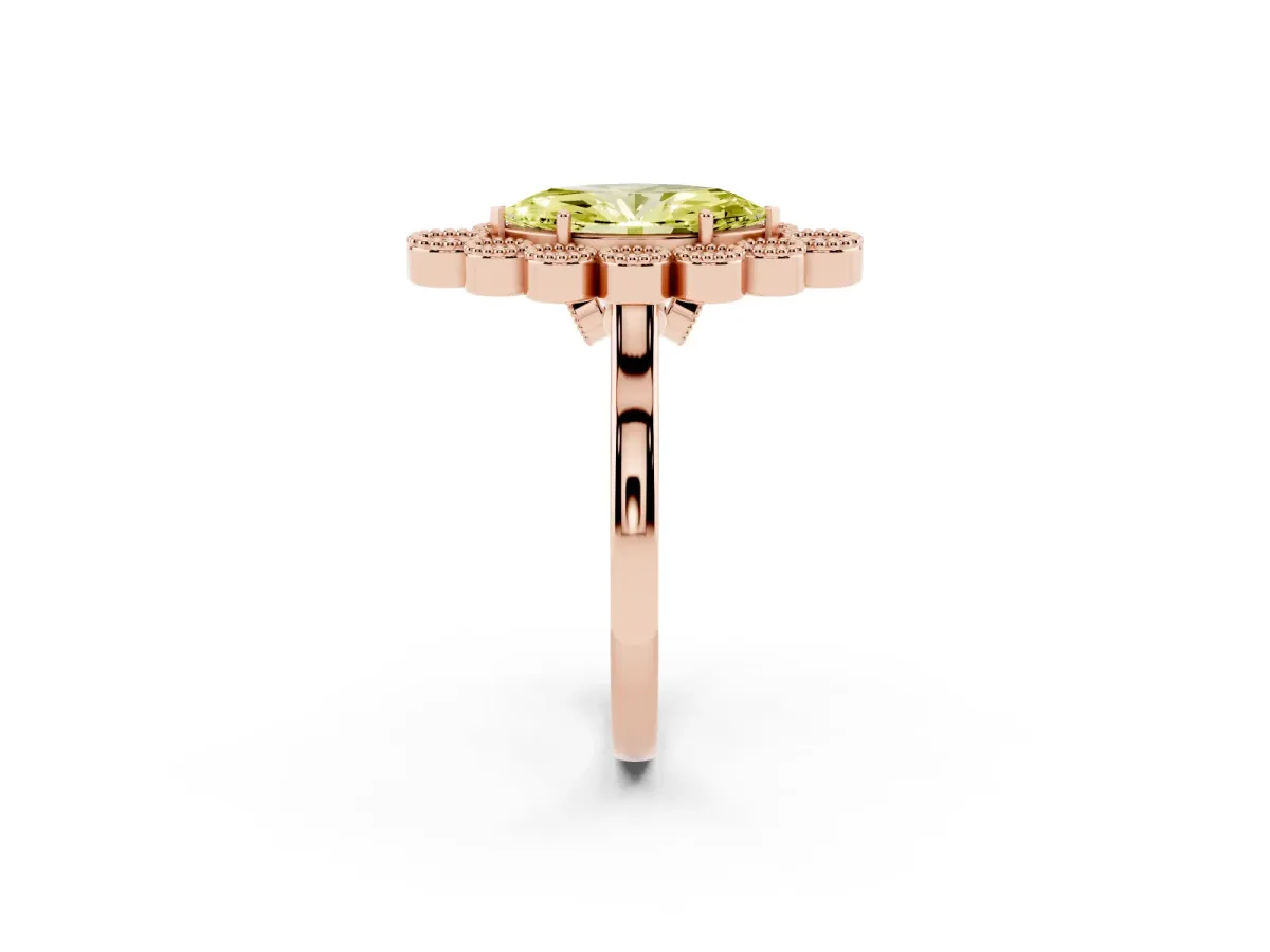 Fancy Yellow Marquise Cut Halo Diamond Cluster Engagement Ring with Milgrain Bezel Setting and Solitaire Band Rose gold