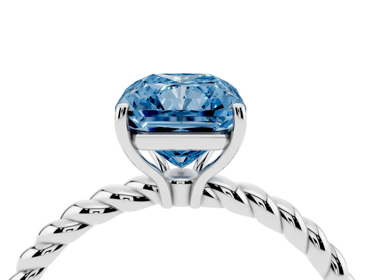 Fancy Blue Radiant Cut Solitaire Twist Band Ring with Four-Prong Setting Silver