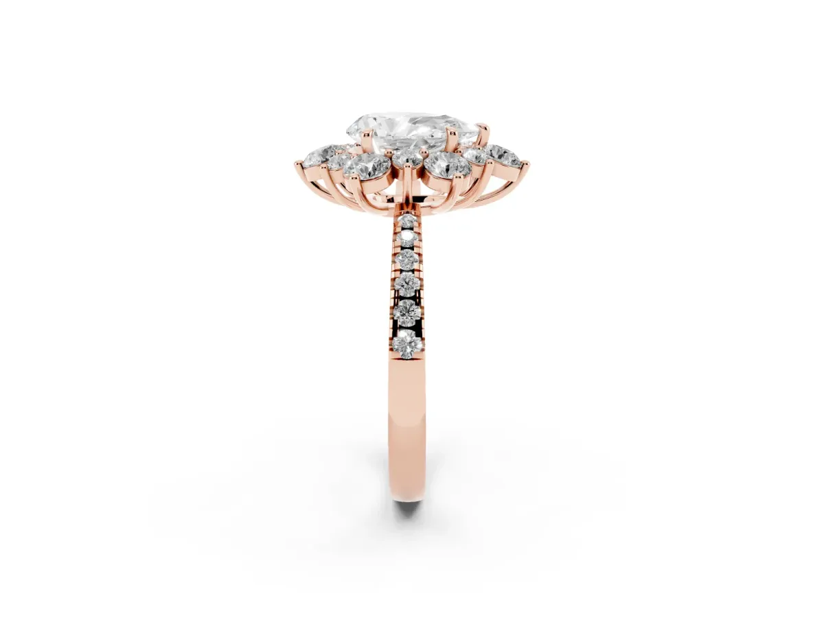 Pear Cut Diamond Floral Halo Ring with Round Pavé Band and Prong Setting Rose gold