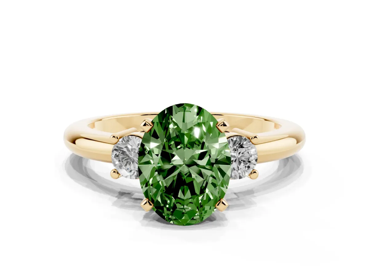 Fancy Green Three-Stone Oval Cut Cut Diamond Solitaire with Prong Setting and Classic Band Yellow gold
