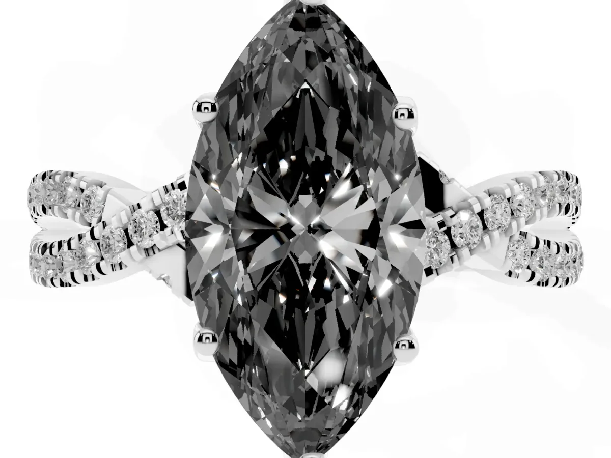 Fancy Black Marquise Cut Solitaire Twist Pave Diamond Engagement Ring with Prong Setting Silver