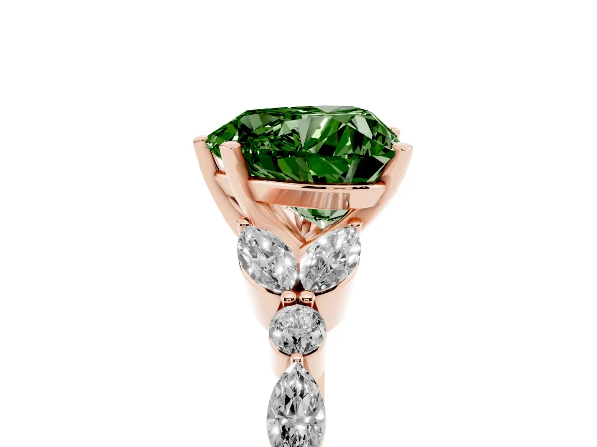 Fancy Green Heart Cut Diamond Solitaire Ring with Side Stones and Four-Prong Setting Rose gold