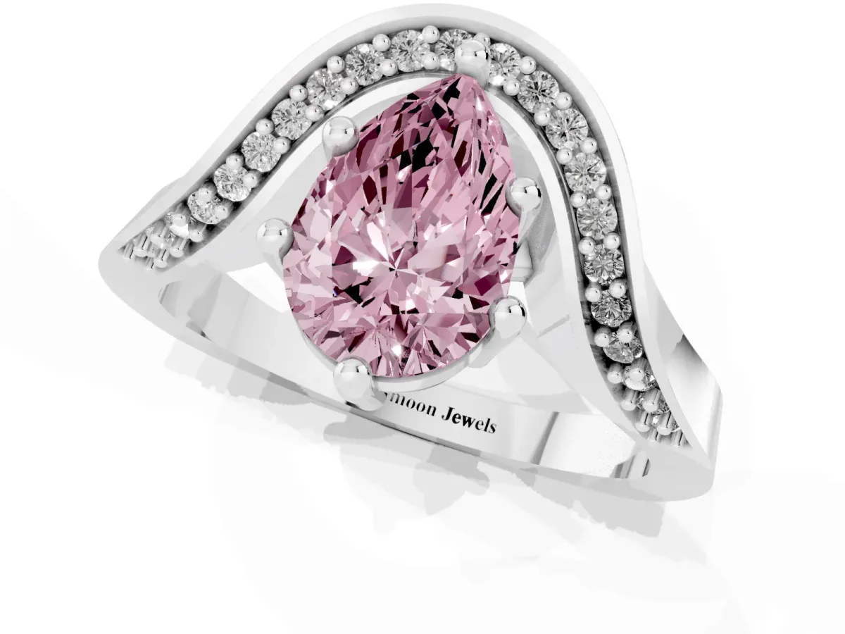 Fancy Pink Pear Cut Solitaire Diamond Engagement Ring with Pave Band and Four-Prong Setting Platinum