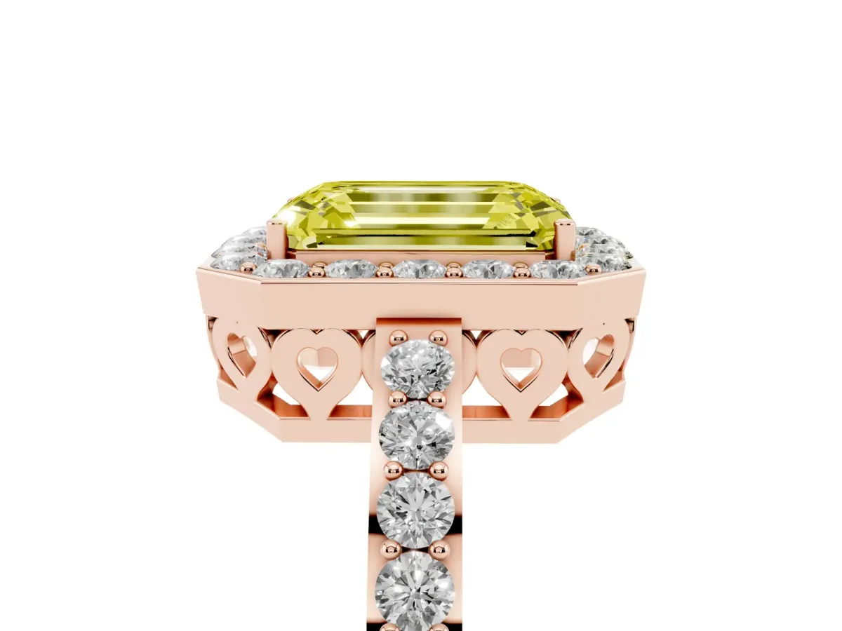 Fancy Yellow Emerald Cut Halo Diamond Pavé Band Ring with Prong Setting Rose gold