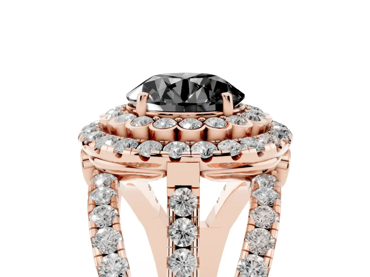 Fancy Black Round Cut Diamond Double Halo Ring with Round Pavé Split Shank and Prong Setting Rose gold