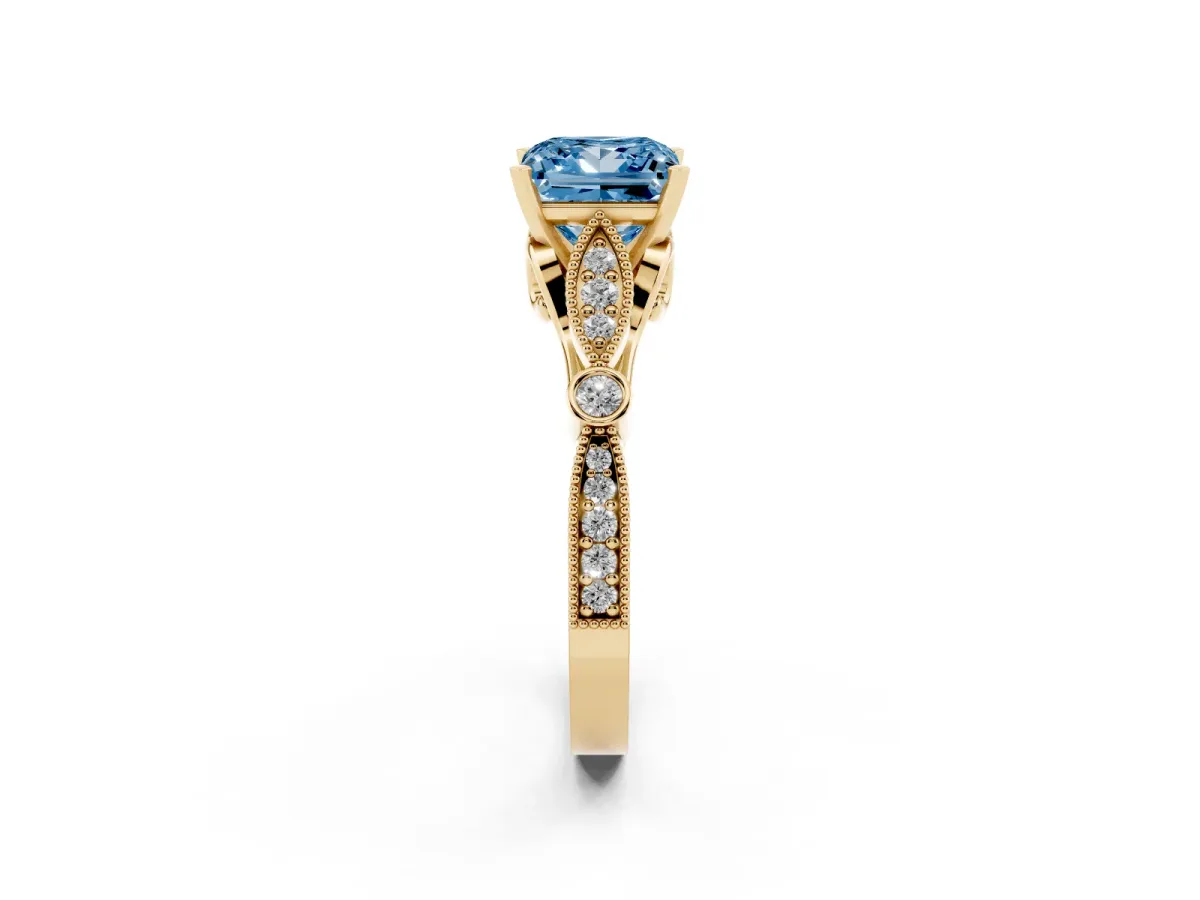 Fancy Blue Princess Cut Cut Diamond with Milgrain Marquise and Bezel Accents on a Solitaire Band with Prong Setting Yellow gold
