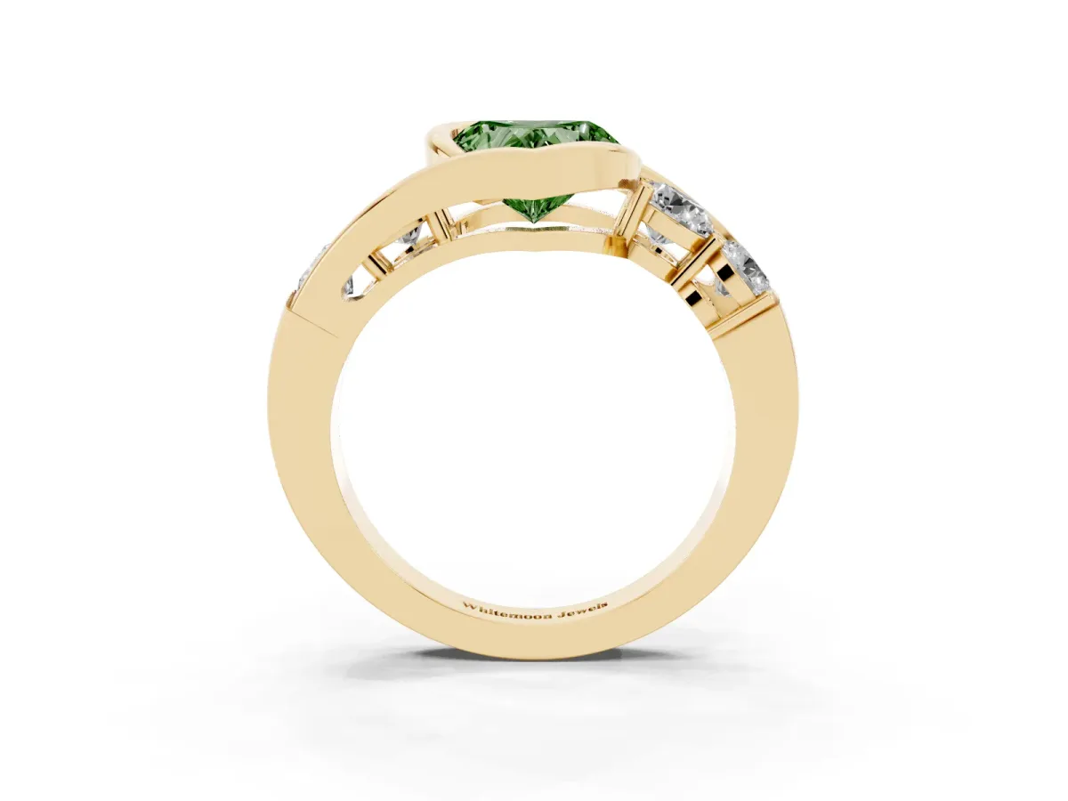Fancy Green Bezel Set Heart Cut Diamond Bypass Ring with Round Accents Yellow gold