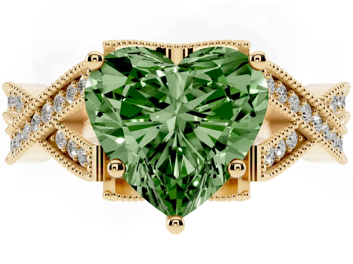 Fancy Green Heart Cut Cut Diamond Twisted Band with Milgrain Pave Setting and Four-Prong Setting Yellow gold