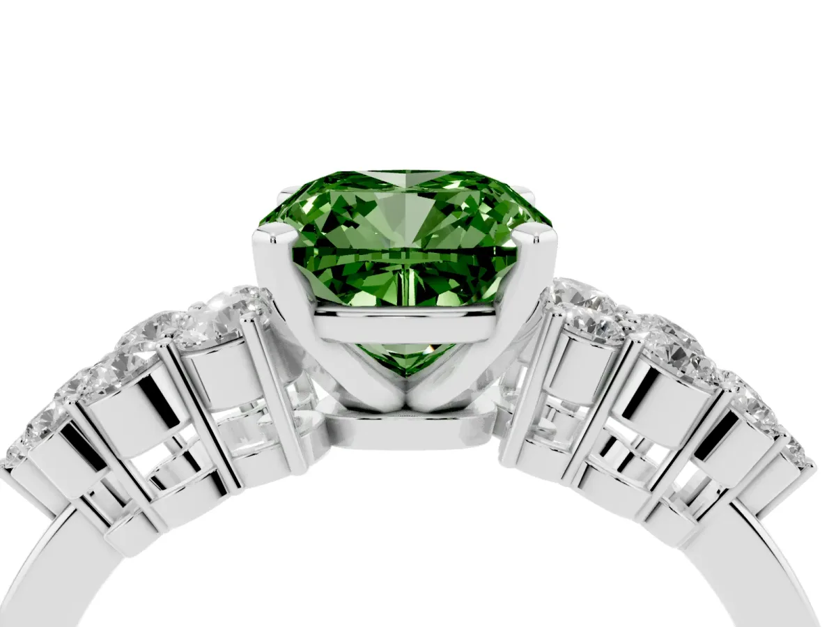 Fancy Green Cushion Cut Cluster Diamond Engagement Ring with Pavé Band and Four-Prong Setting Platinum
