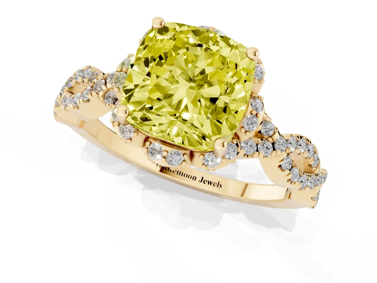 Fancy Yellow Cushion Cut Halo Twist Band Solitaire Ring with Six-Prong Setting Yellow gold