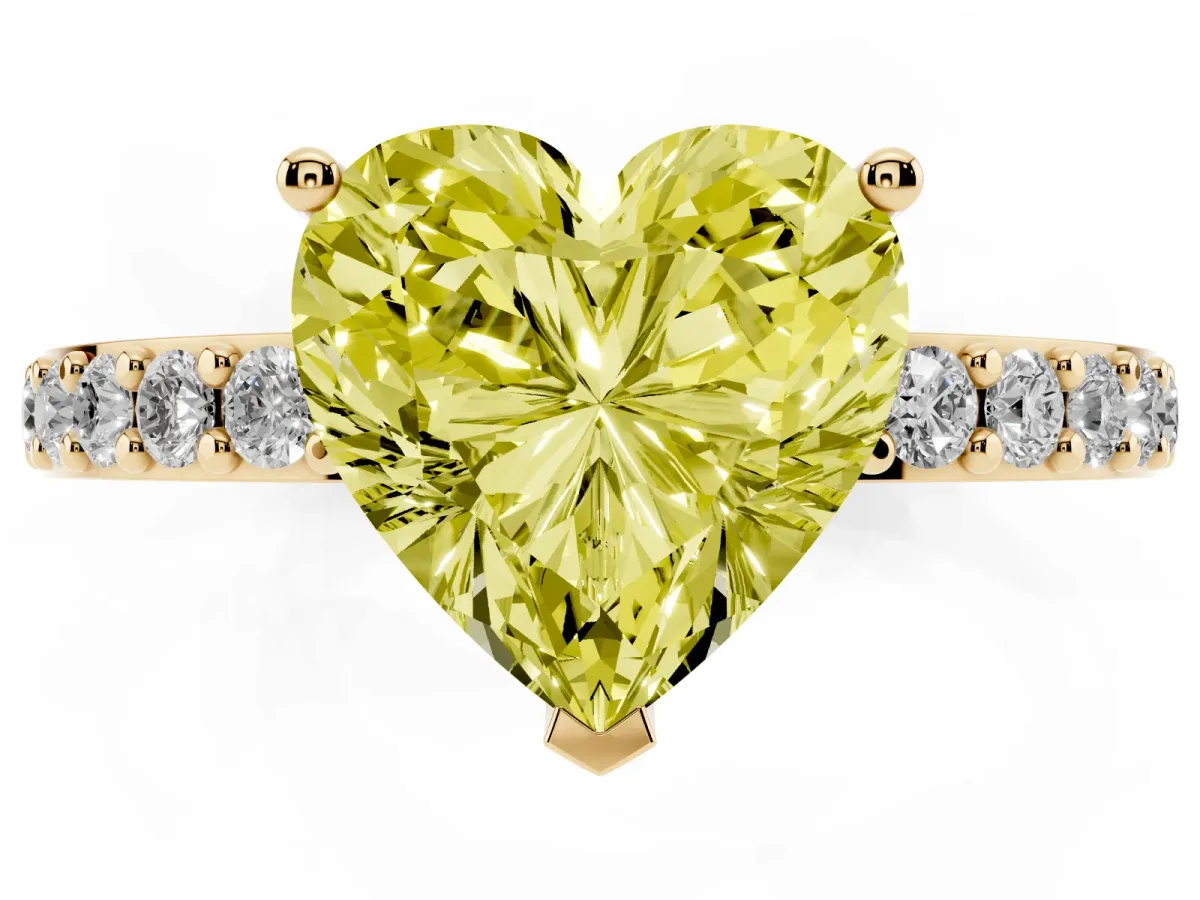 Fancy Yellow Heart Cut Cut Diamond Solitaire with Pave Band and Four-Prong Setting Yellow gold