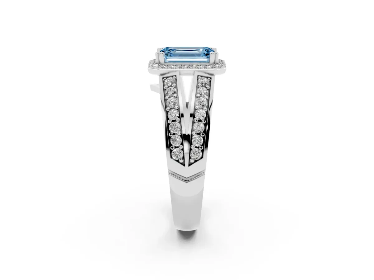 Fancy Blue Emerald Cut Diamond Halo Ring with Split Shank Pavé Band and Four-Prong Setting White gold