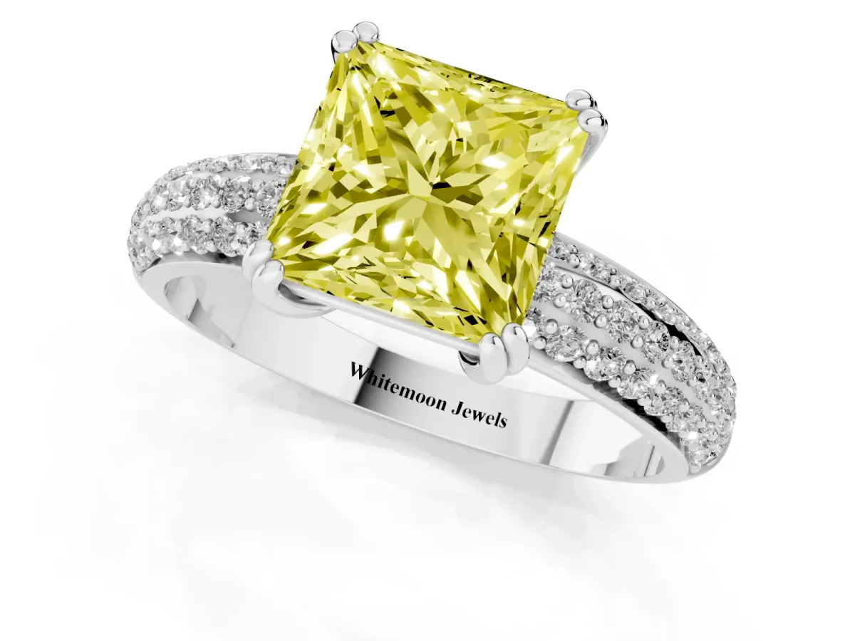 Fancy Yellow Princess Cut Diamond Solitaire Ring with Multi-Row Round Pavé Band and Prong Setting Silver