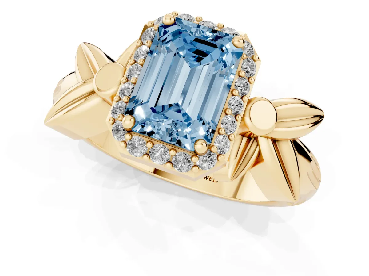 Fancy Blue Emerald Cut Halo Diamond Floral Band with Four-Prong Setting Yellow gold