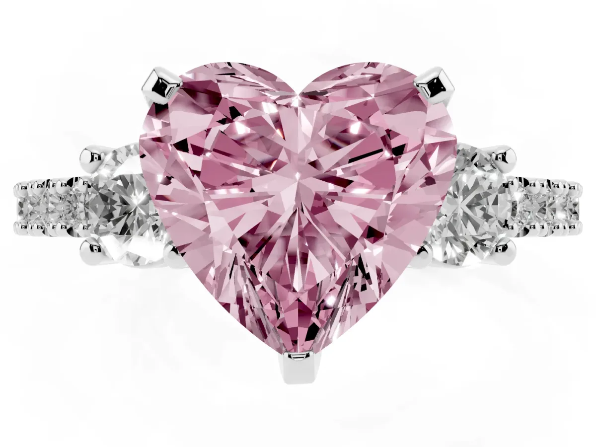 Fancy Pink Heart Cut Three-Stone Diamond Pavé Band with Prong Setting Platinum