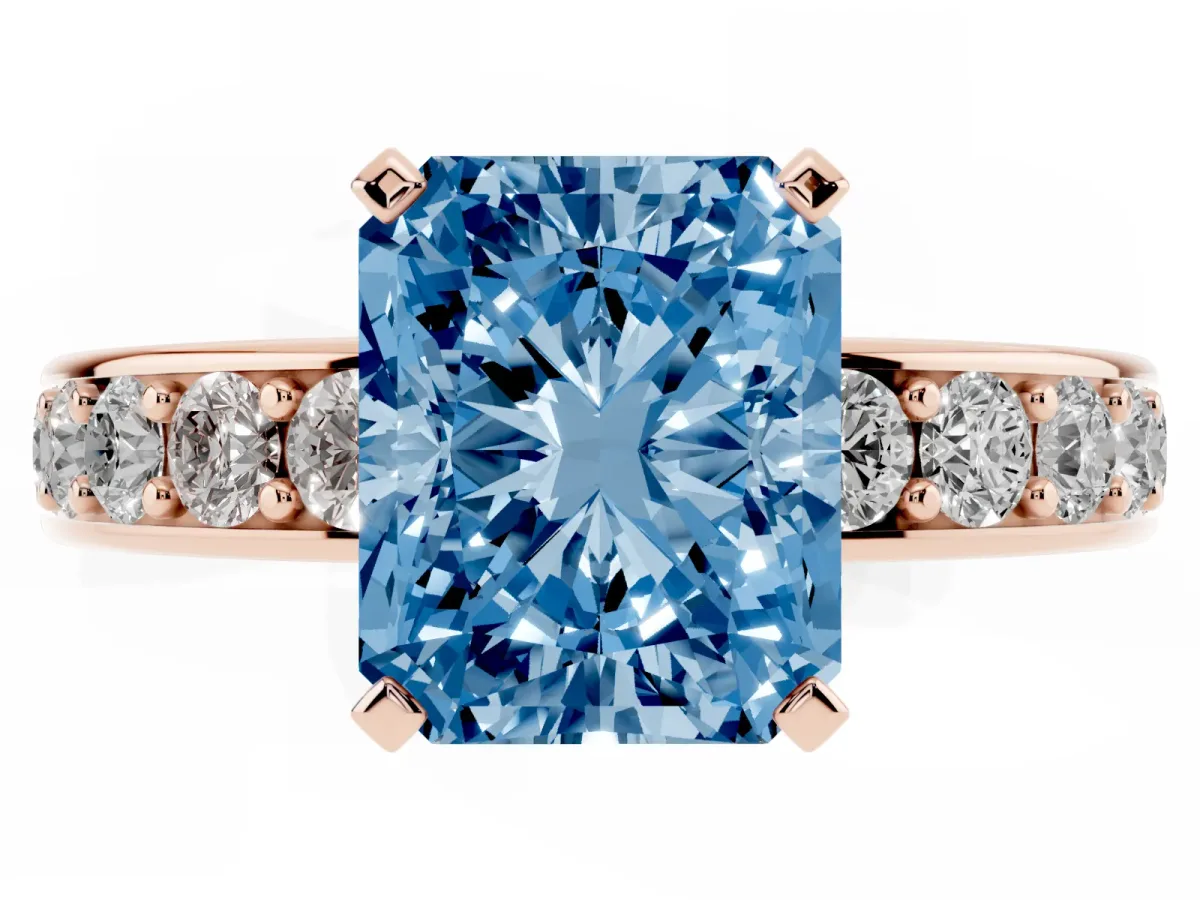 Fancy Blue Radiant Cut Diamond Engagement Ring with Channel Set Round Band and Prong Setting Rose gold