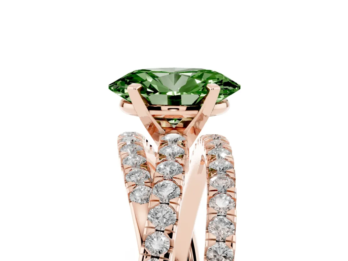 Fancy Green Oval Cut Solitaire Twist Band with Pavé Setting and Four-Prong Setting Rose gold