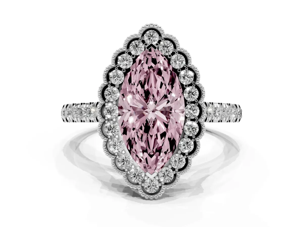 Fancy Pink Marquise Cut Cut Diamond Milgrain Floral Halo Engagement Ring with Pavé Band Silver