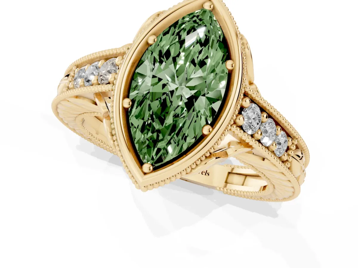 Fancy Green Bezel Set Marquise Cut Diamond Milgrain Pave Engagement Ring Yellow gold