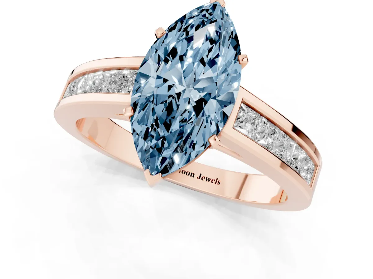 Fancy Blue Marquise Cut Solitaire Diamond Ring with Channel-Set Band and Four-Prong Setting Rose gold